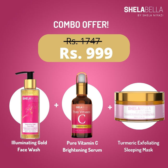 ShelaBella Night-Care Routine | Illuminating gold face wash , pure vitamin c and hyaluronic acid serum , turmeric exfoliating sleeping mask .