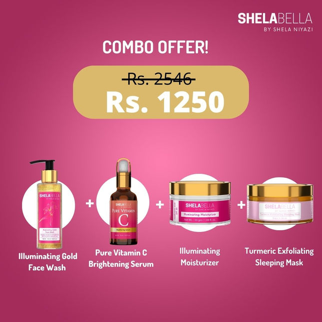 ShelaBella Complete Kit for Normal to Dry skin | Illuminating gold facewash ,illumination moisturiser with 30 SPF ,, turmeric exfoliating sleeping mask