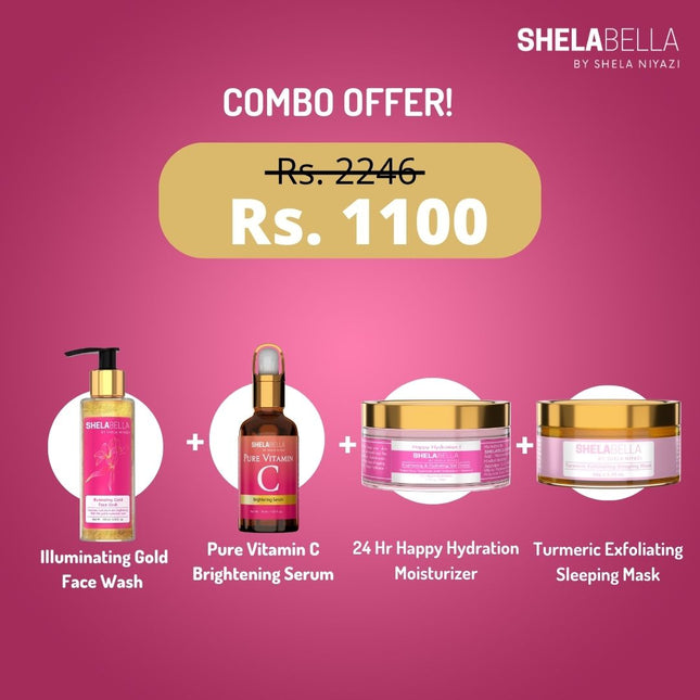 ShelaBella Complete Skincare Kit for Normal to Oily Skin| Illuminating gold facewash, pure vitamin C and hyaluronic acid serum , Happy hydration 24 hrs hydration moisturiser , turmeric exfoliating sleeping mask .